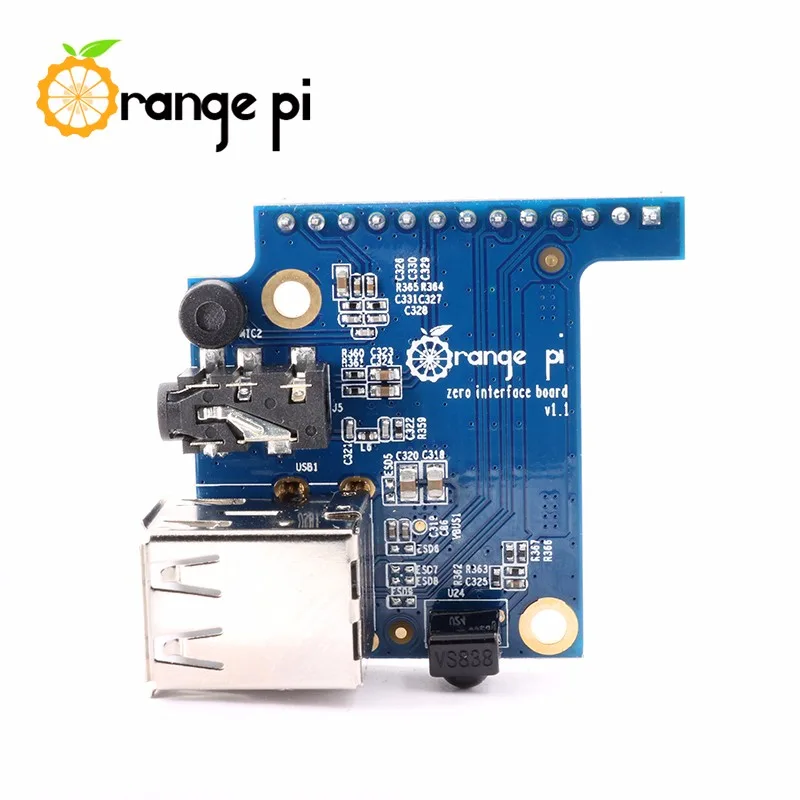 Modrý rozšiřující shield pro Orange Pi Zero s USB porty a audio konektory