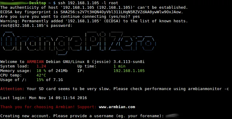Terminálové připojení SSH k Orange Pi Zero s Armbianem při prvním spuštění