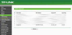 Rozhraní routeru TP-Link zobrazuje seznam klientů DHCP s připojeným Orange Pi
