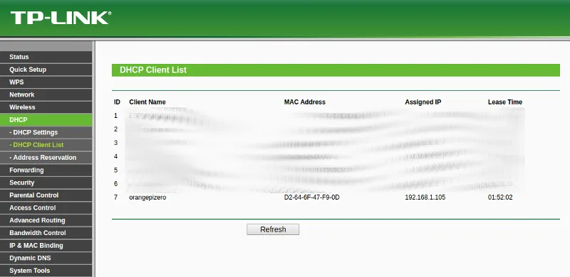 Seznam DHCP klientů v rozhraní routeru TP-Link s IP adresou Orange Pi Zero