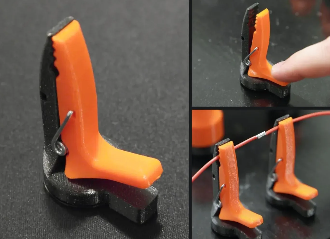 Oranžové 3D tištěné pájecí klipy s černou magnetickou základnou drží vodič