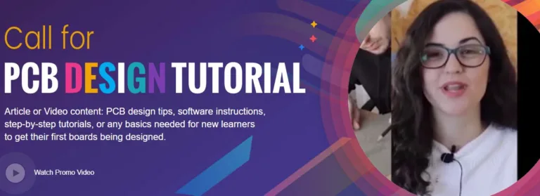 Banner výzvy PCB Design Tutorial s videem ženy hovořící o návrzích desek plošných spojů