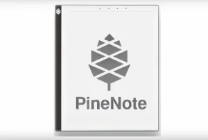 Přední pohled na tablet PineNote s logem na displeji