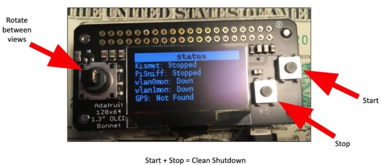 OLED displej na Raspberry Pi snifferu zobrazuje stav snifferu a tlačítka Start a Stop