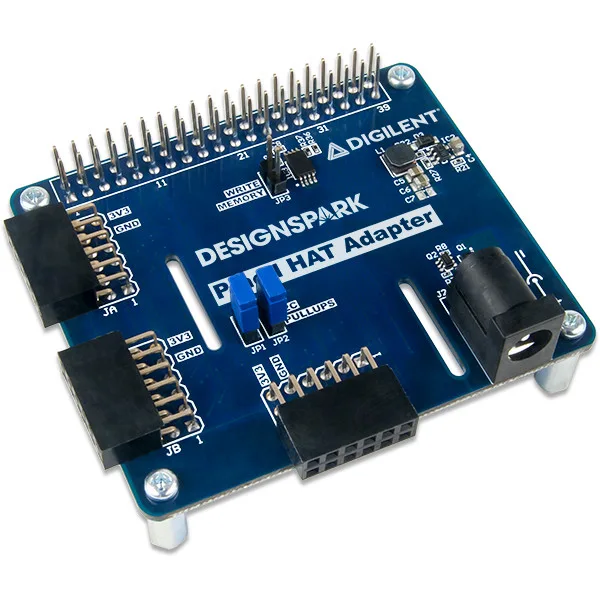 Modrý adaptér Digilent Pmod HAT s konektory pro Raspberry Pi a Pmod moduly