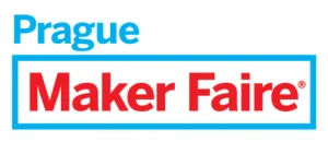 Logo festivalu Prague Maker Faire s modrým nápisem Prague a červeným Maker Faire
