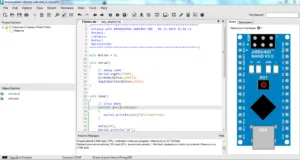 Rozhraní Programino IDE s editorem Arduino kódu a náhledem desky Arduino Nano