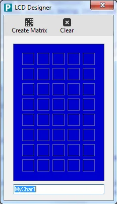 Okno LCD Designeru v PROGRAMINO IDE s maticí bodů pro tvorbu znaku na displej