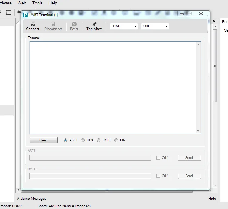 Sériový terminál v PROGRAMINO IDE s nastaveným portem COM7 a rychlostí 9600