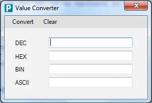 Okno Value Converter v PROGRAMINO IDE s poli pro převod mezi číselnými soustavami a ASCII