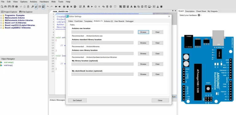Vývojové prostředí Programino V2 s nastavením vlevo a náhledem desky Arduino vpravo