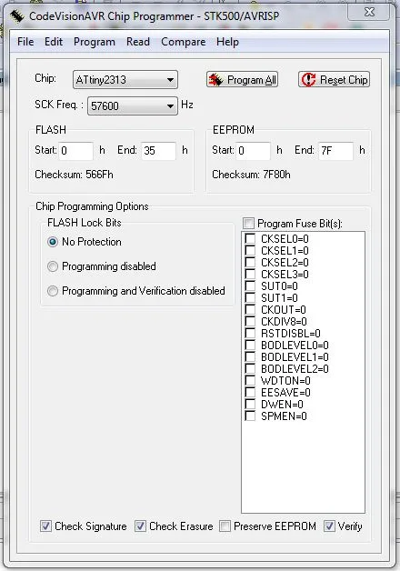 Okno CodeVisionAVR Chip Programmer nastavené pro programování mikroprocesoru ATtiny2313