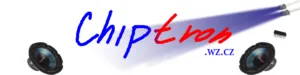 Logo chiptron.cz mezi dvěma reproduktory a ikonou elektronické součástky