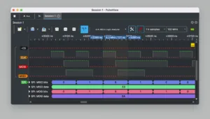 Screenshot aplikace PulseView se záznamem digitálních signálů z logického analyzátoru