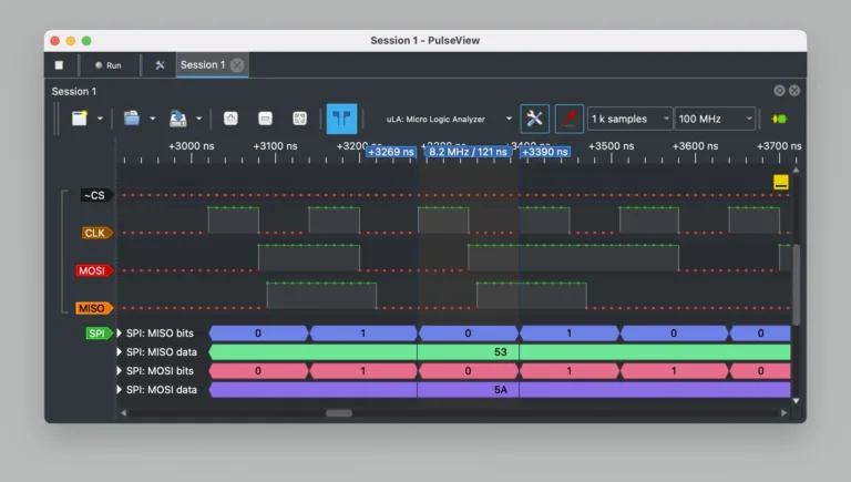 Screenshot aplikace PulseView se záznamem digitálních signálů z logického analyzátoru