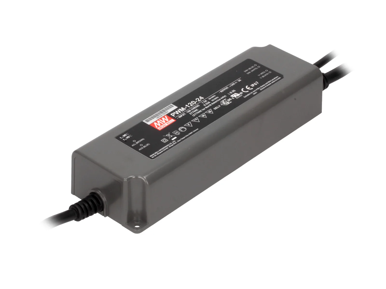 Uzavřený LED napájecí zdroj Mean Well PWM-120-24 s přívodními kabely