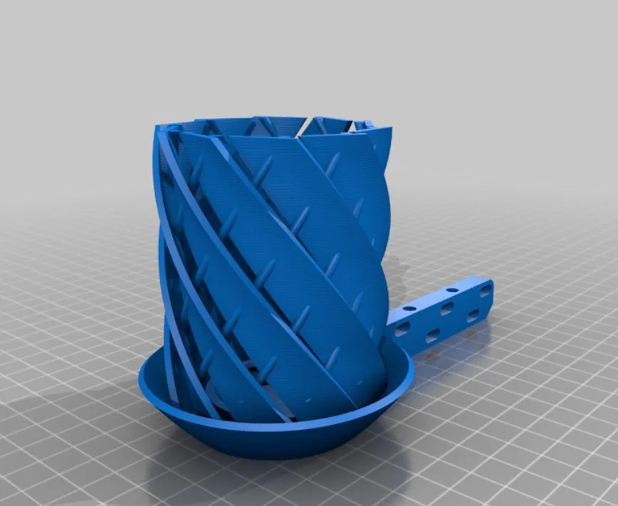 Modrý 3D model radiačního štítu s netypicky šikmými lamelami