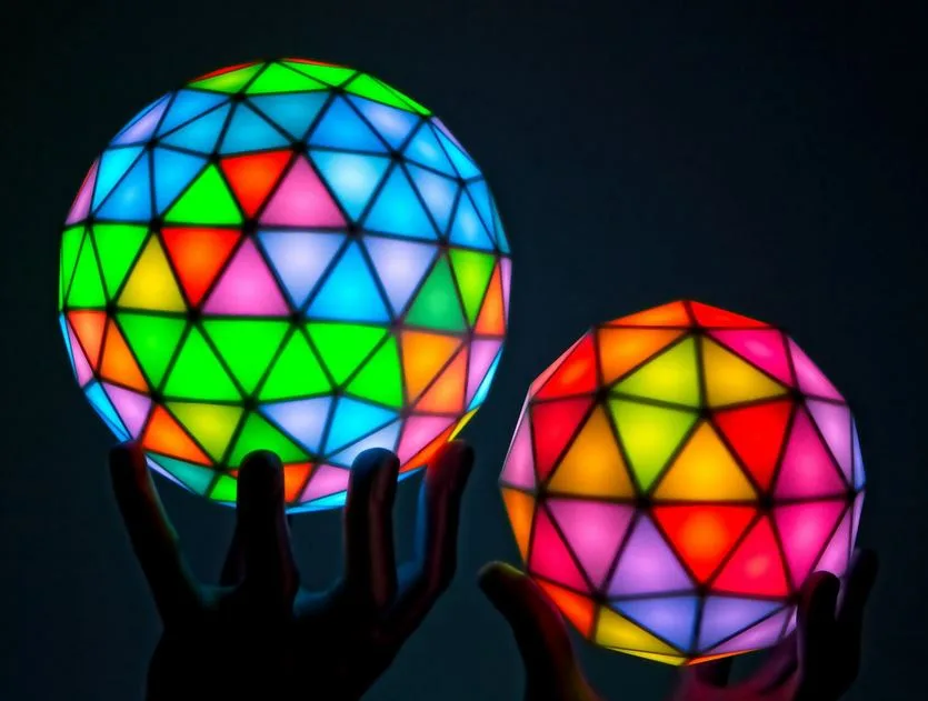 Dvě svítící RGB koule složené z barevných trojúhelníkových panelů