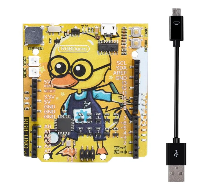 Žlutá vývojová deska RGBduino Uno s microUSB kabelem