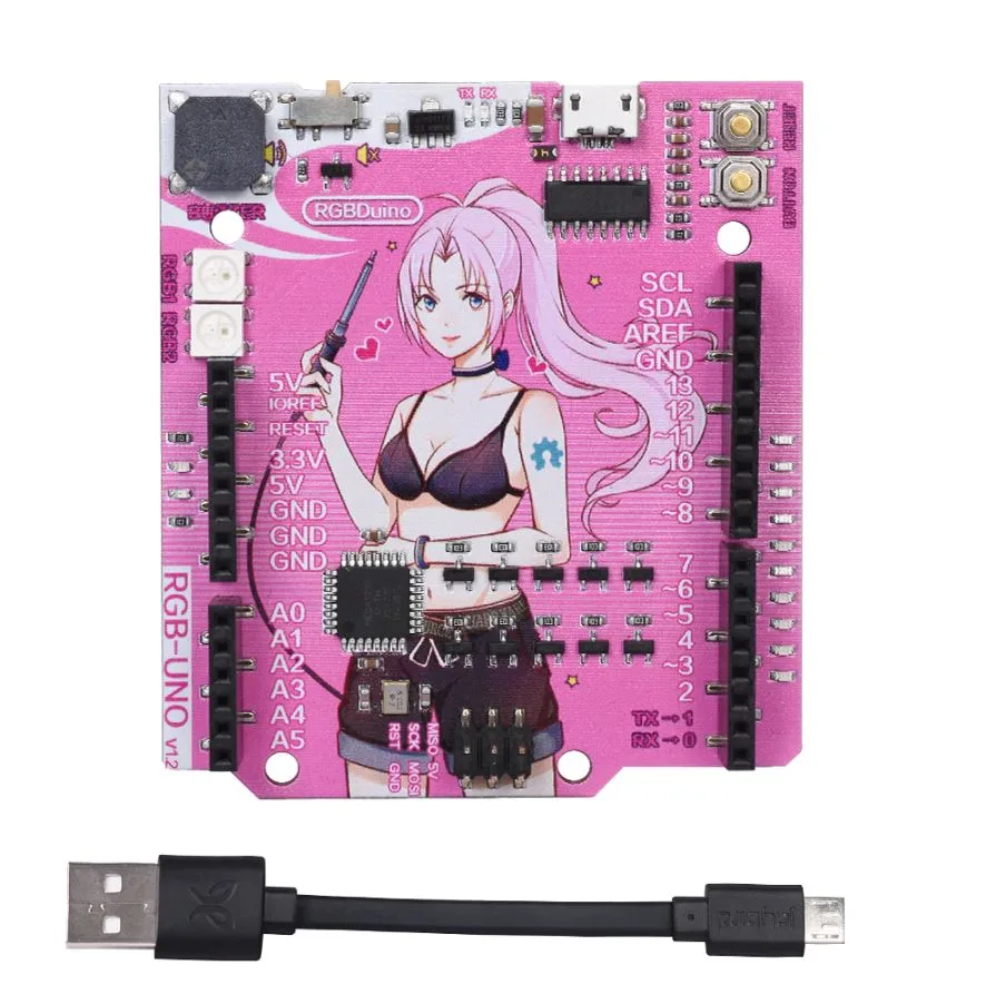 Růžová vývojová deska RGBduino Uno s anime motivem a microUSB kabelem
