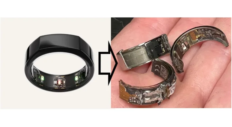 Oura Ring a jeho vnitřní elektronika rozložená na části kolem prstu