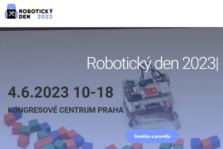 Grafika akce Robotický den 2023 s datem, místem konání a ilustrací robota