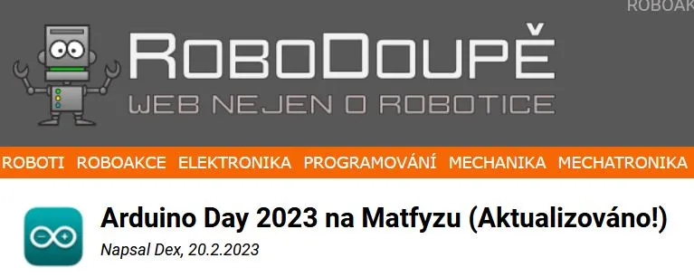 Záhlaví webu Robodoupě s článkem Arduino Day 2023 na Matfyzu