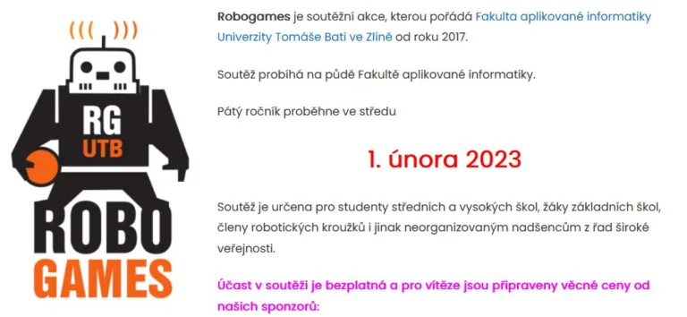 Náhled webové stránky Robogames s logem soutěže a datem 1. ledna 2023