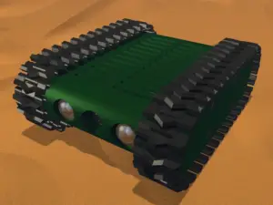 3D model pásového robota se zelenou horní deskou a černými pásy
