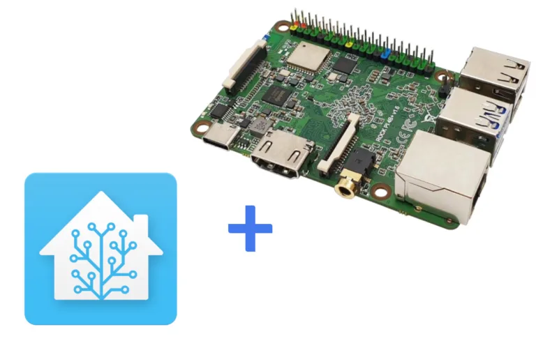 Jednodeskový počítač Rock Pi 4B vedle loga Home Assistant