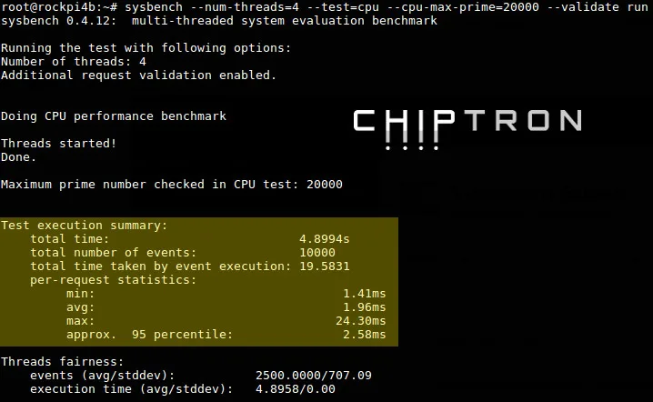Terminál zobrazuje výsledek CPU benchmarku sysbench na RockPi 4B