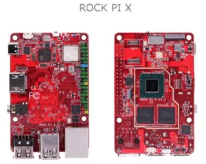 Přední a zadní strana desky Rock Pi X s konektory a čipy