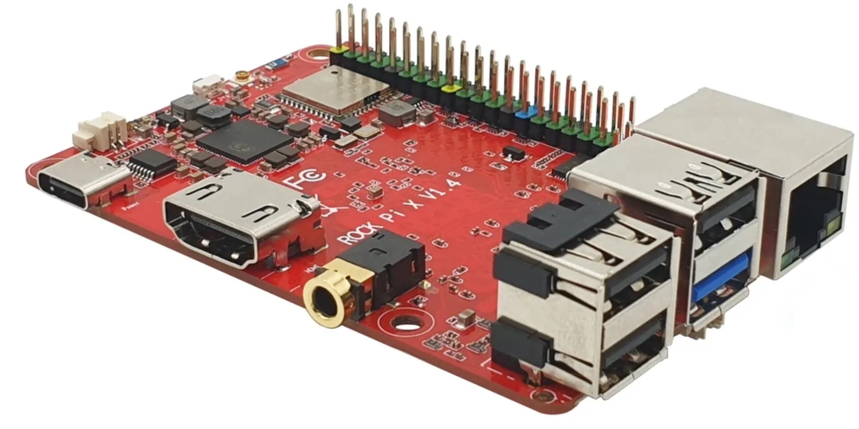 Jednodeskový počítač Rock Pi X s konektory a GPIO lištou