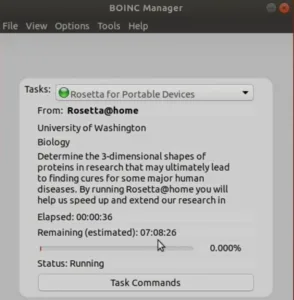 BOINC Manager zobrazuje běžící úlohu Rosetta@home pro výzkum proteinů