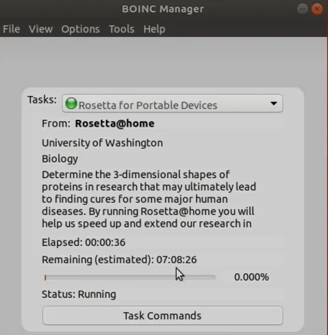 BOINC Manager zobrazuje běžící úlohu Rosetta@home pro výzkum proteinů