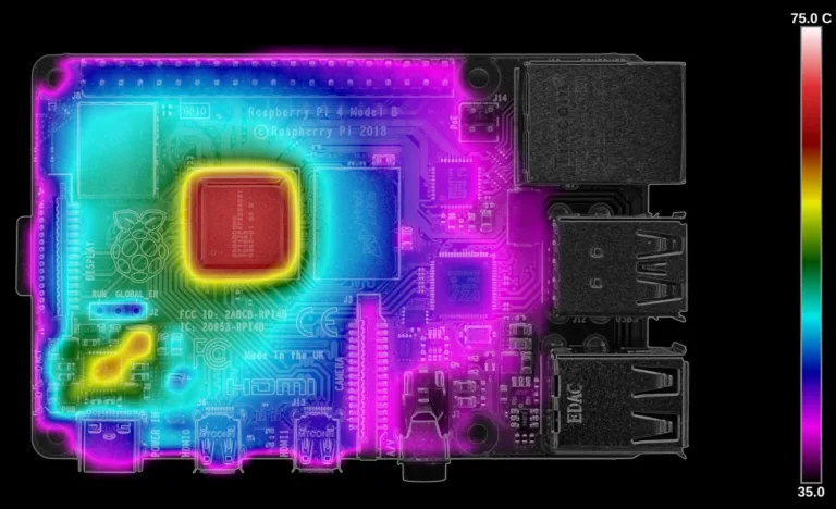 Termální mapa desky Raspberry Pi 4 ukazuje nejteplejší oblast procesoru