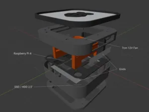 Rozložený 3D návrh krabičky pro Raspberry Pi 4 s ventilátorem a diskem