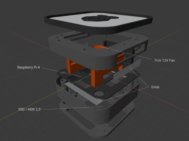 Rozložený 3D návrh krabičky pro Raspberry Pi 4 s ventilátorem a diskem