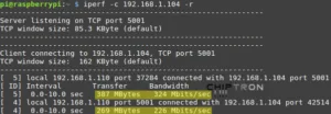 Terminál s výsledky iperf měření propustnosti ethernetového připojení