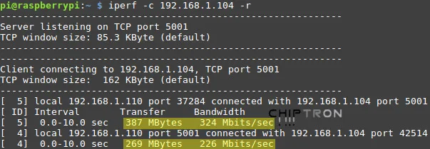 Terminál s výsledky iperf měření propustnosti ethernetového připojení
