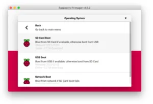 Raspberry Pi Imager zobrazuje volby spouštění systému z SD karty, USB nebo sítě
