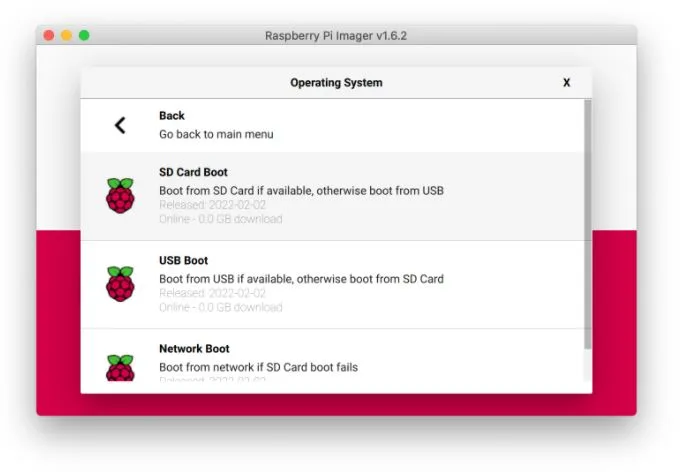 Raspberry Pi Imager zobrazuje volby spouštění systému z SD karty, USB nebo sítě