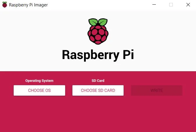 Okno Raspberry Pi Imager s volbou operačního systému a microSD karty