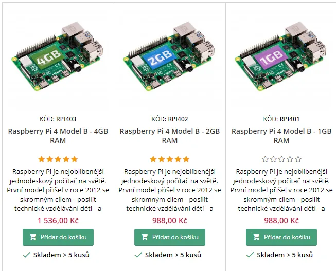 Srovnání desek Raspberry Pi 4 Model B se 4GB, 2GB a 1GB RAM