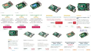 Koláž nabídek obchodů na Raspberry Pi 4B a dalších variant jednodeskových počítačů