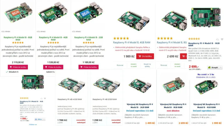 Koláž nabídek obchodů na Raspberry Pi 4B a dalších variant jednodeskových počítačů