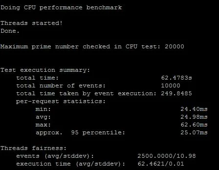 Výpis výsledků CPU benchmarku sysbench na Raspberry Pi 4B