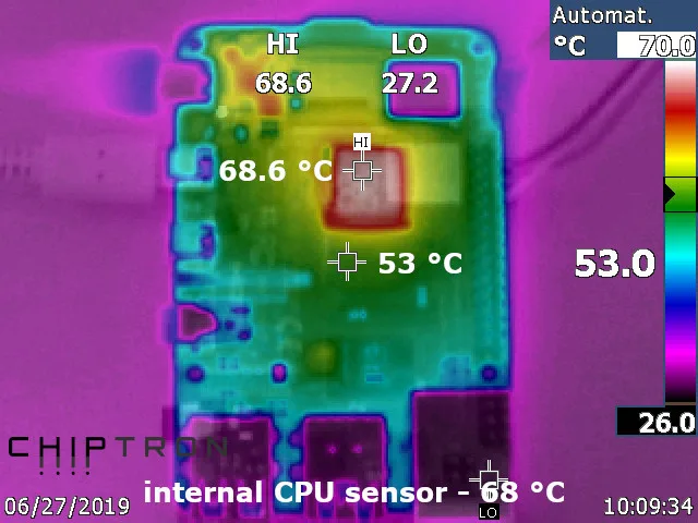 Termosnímek horní strany Raspberry Pi 4B během testu, procesor má 68,6 °C