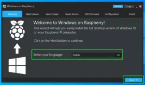 Uvítací obrazovka aplikace Windows on Raspberry s výběrem jazyka pro instalaci Windows
