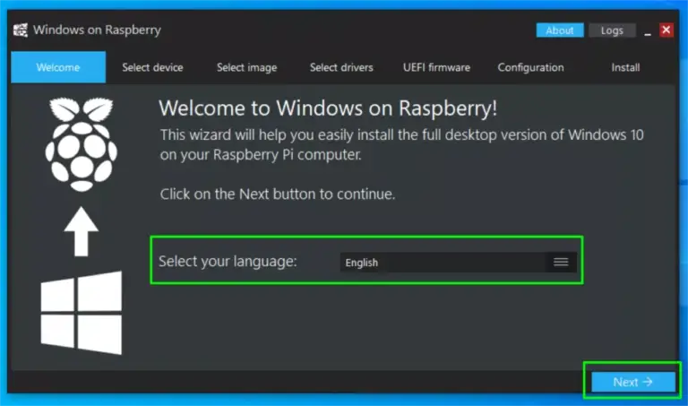 Uvítací obrazovka aplikace Windows on Raspberry s výběrem jazyka pro instalaci Windows